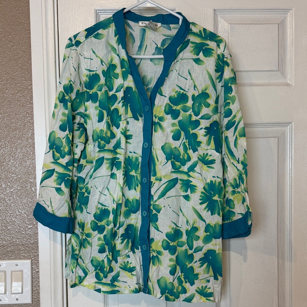 Susan Bristol Floral Green and Blue Blouse